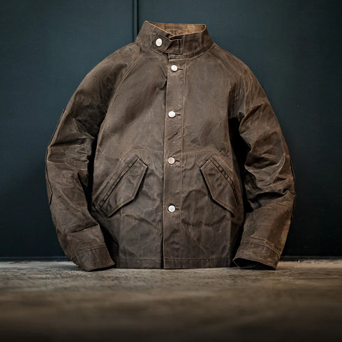 Vintage Stand Collar Oil Waxed Canvas Jacket – Waterproof Classic Hunting Coat